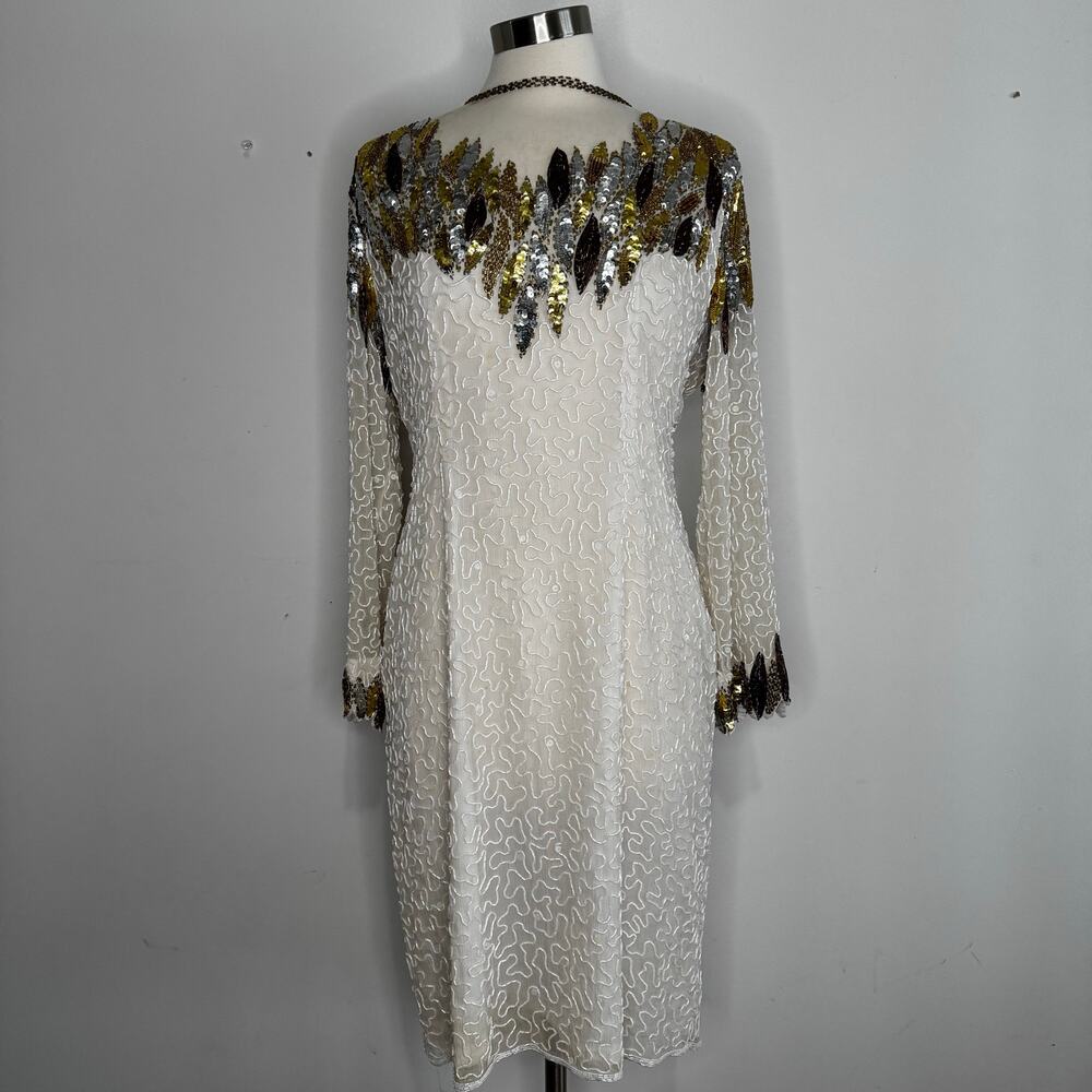 VINTAGE | 1980s Ivory Bridal Beaded Embellished Midi Dress Size 16